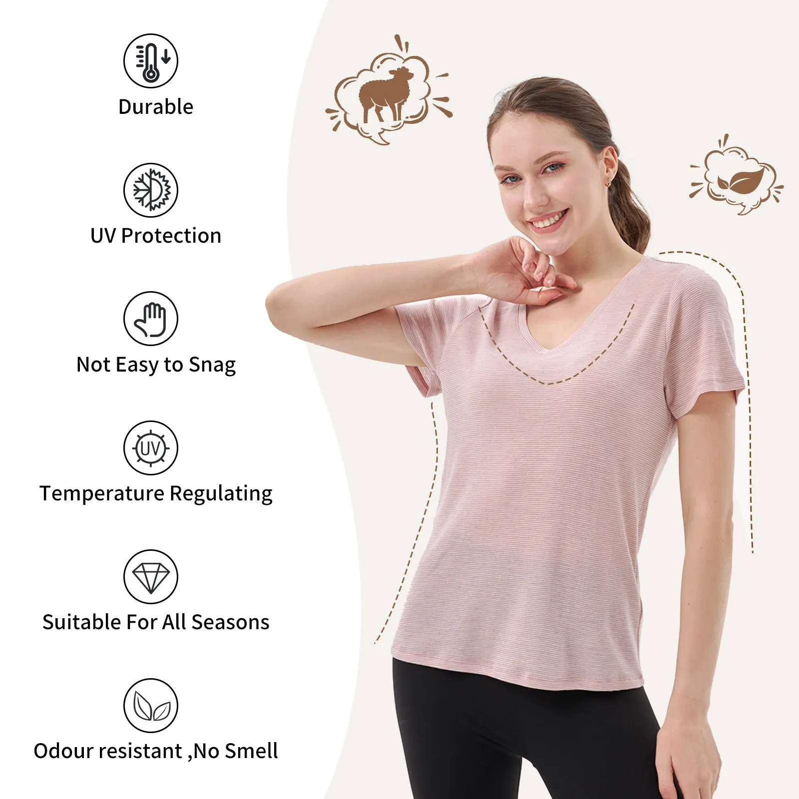 Women's Merino 200g V-Neck Short Sleeve T-Shirt Pink White Stripes